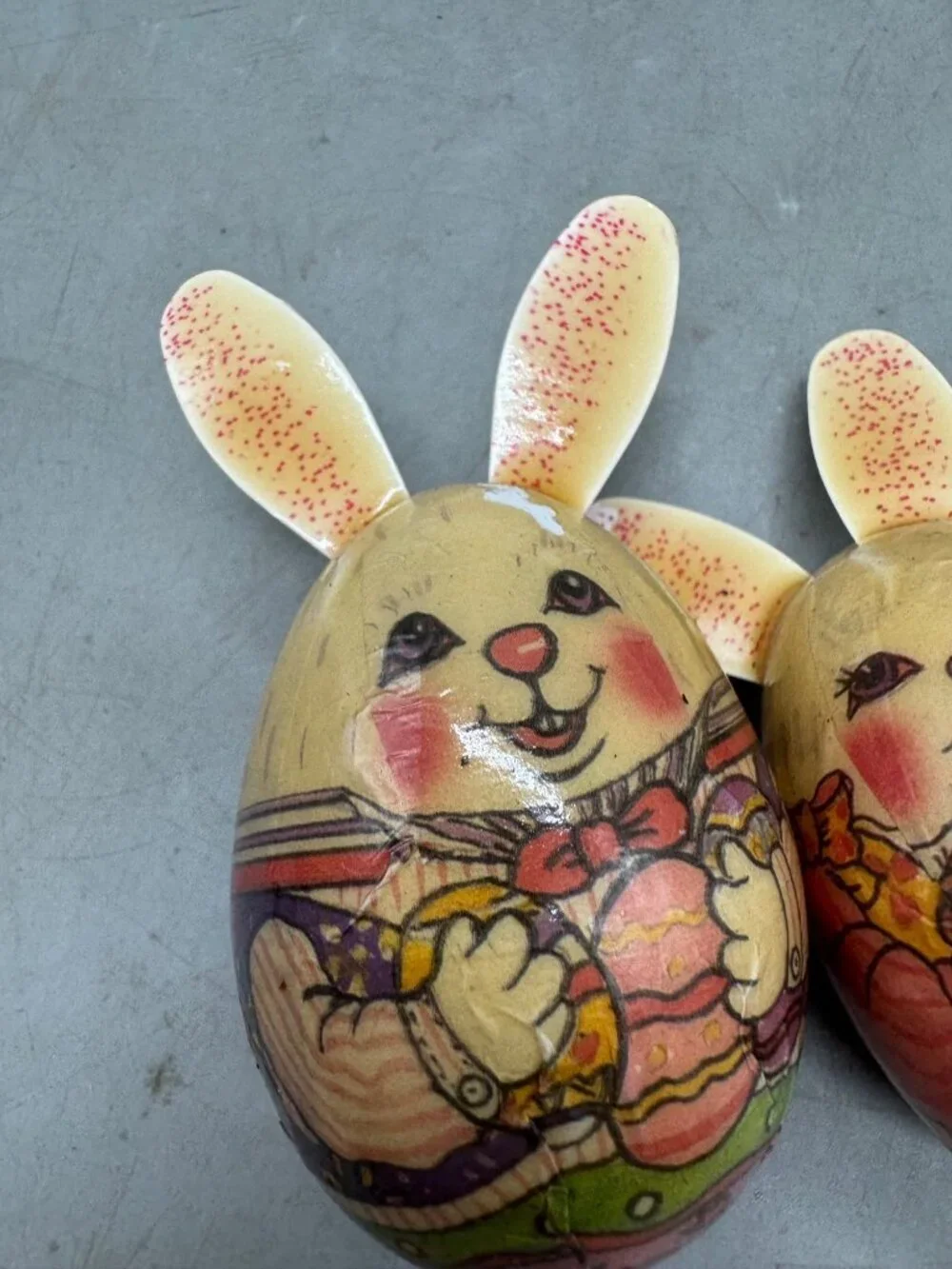 Vintage Holiday Paper Mache Bunny Rabbits Egg Ornament set of 2 READ